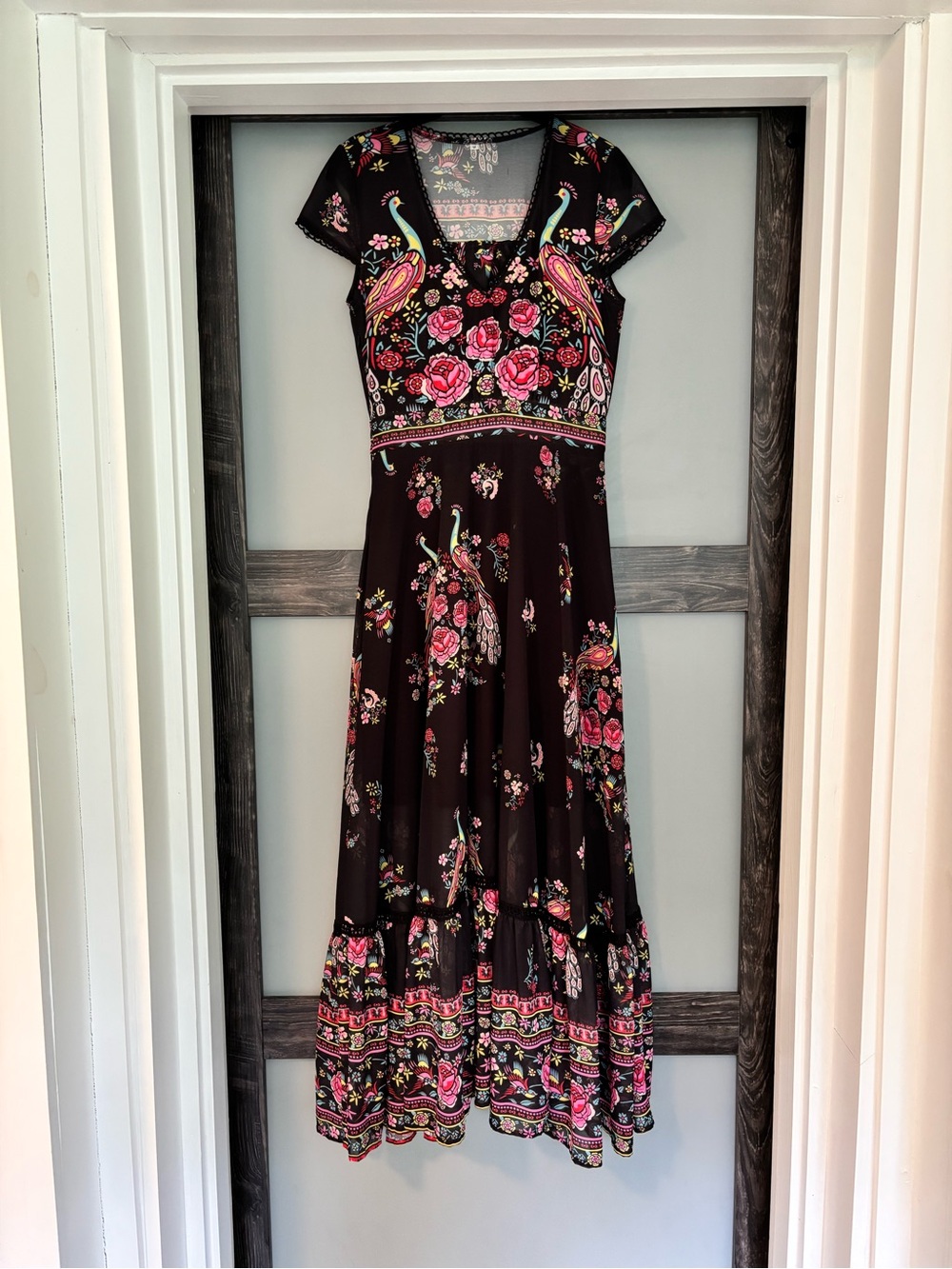 Black Floral Maxi Dress with Pink Rose Print